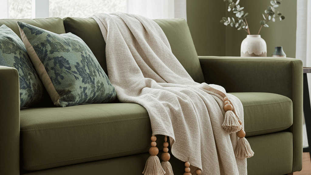 linen throw ideas with olive green tone