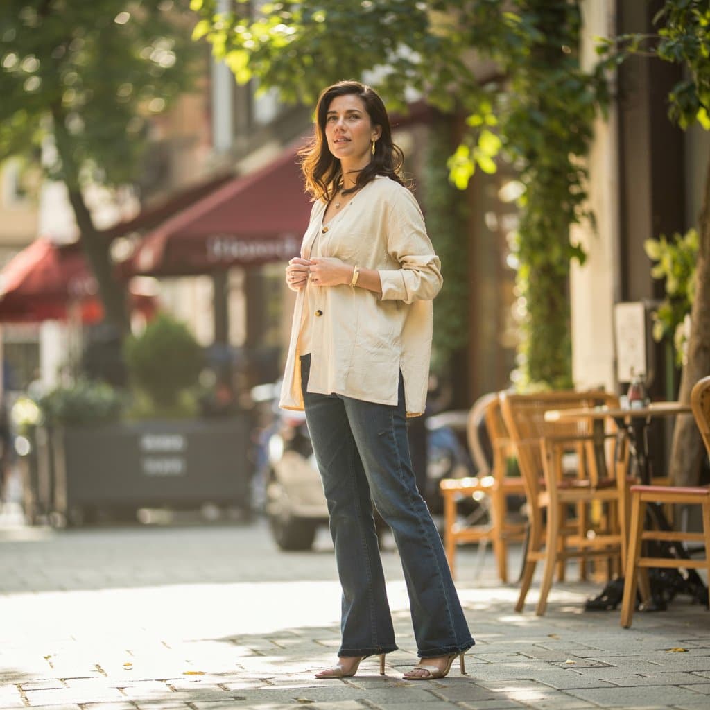 buttoned cardigan flare jeans outfit