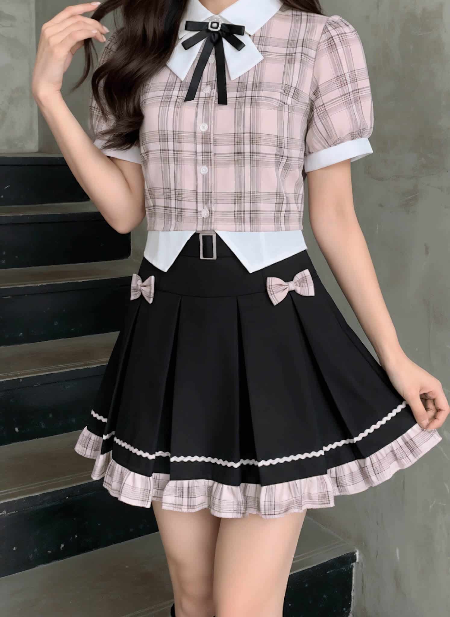 coquette outfit inspo Puff Sleeve Top and Pleat Skirt