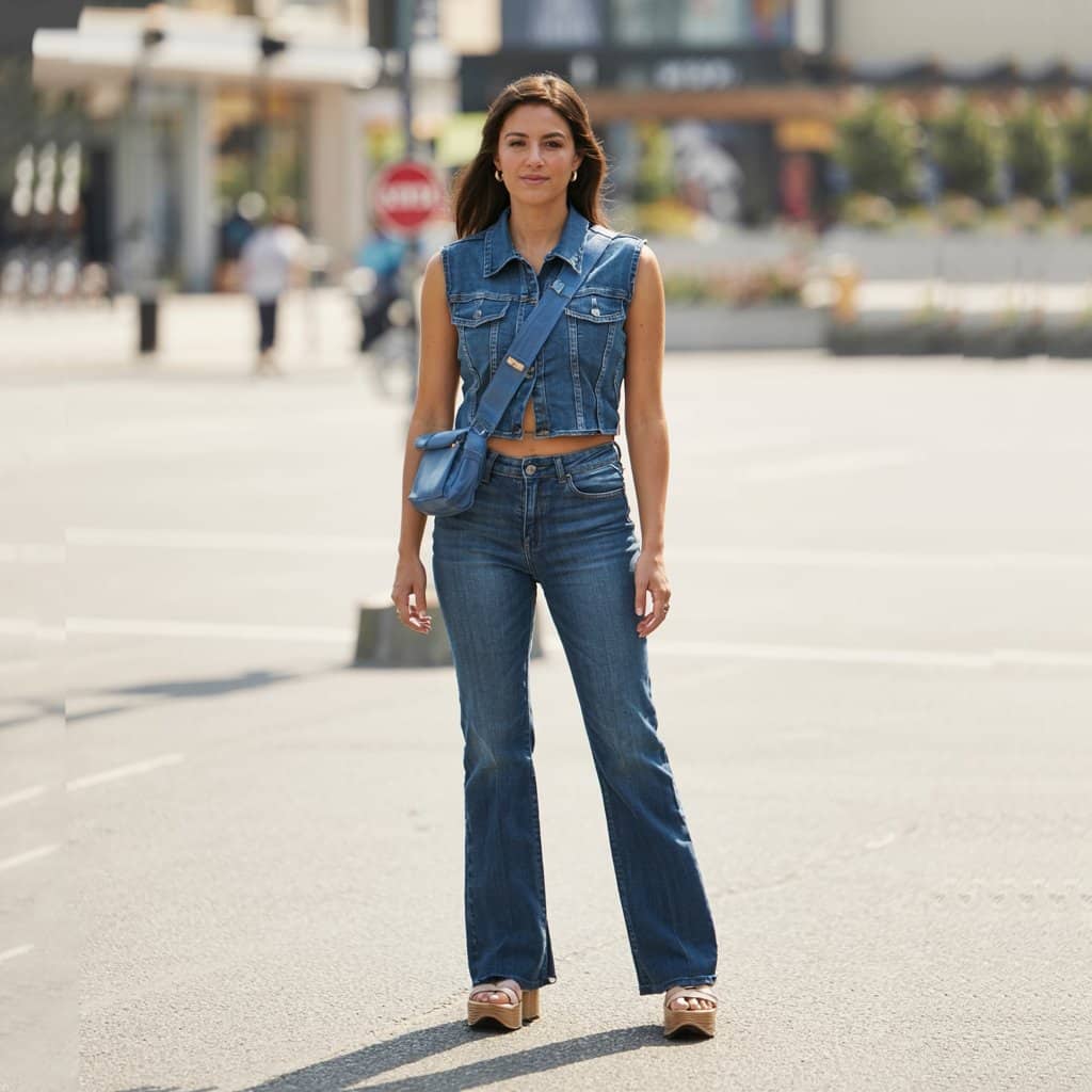 denim vest flare jeans outfit