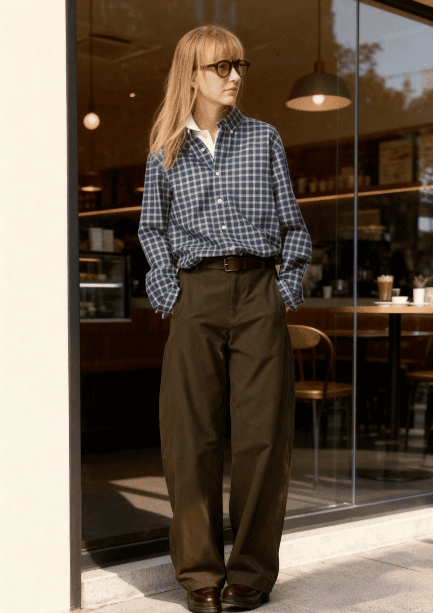 green pants with neutral shirt colors