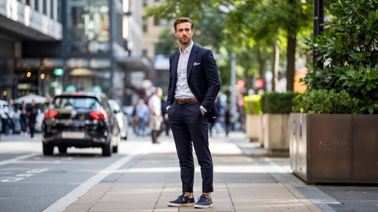 navy suit sneakers outfit