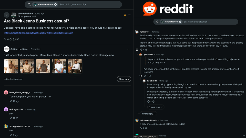 reddit views are black jeans business casual