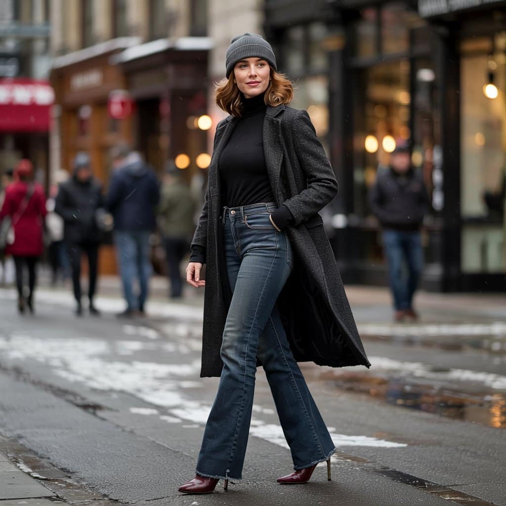 turtleneck flare jeans outfit