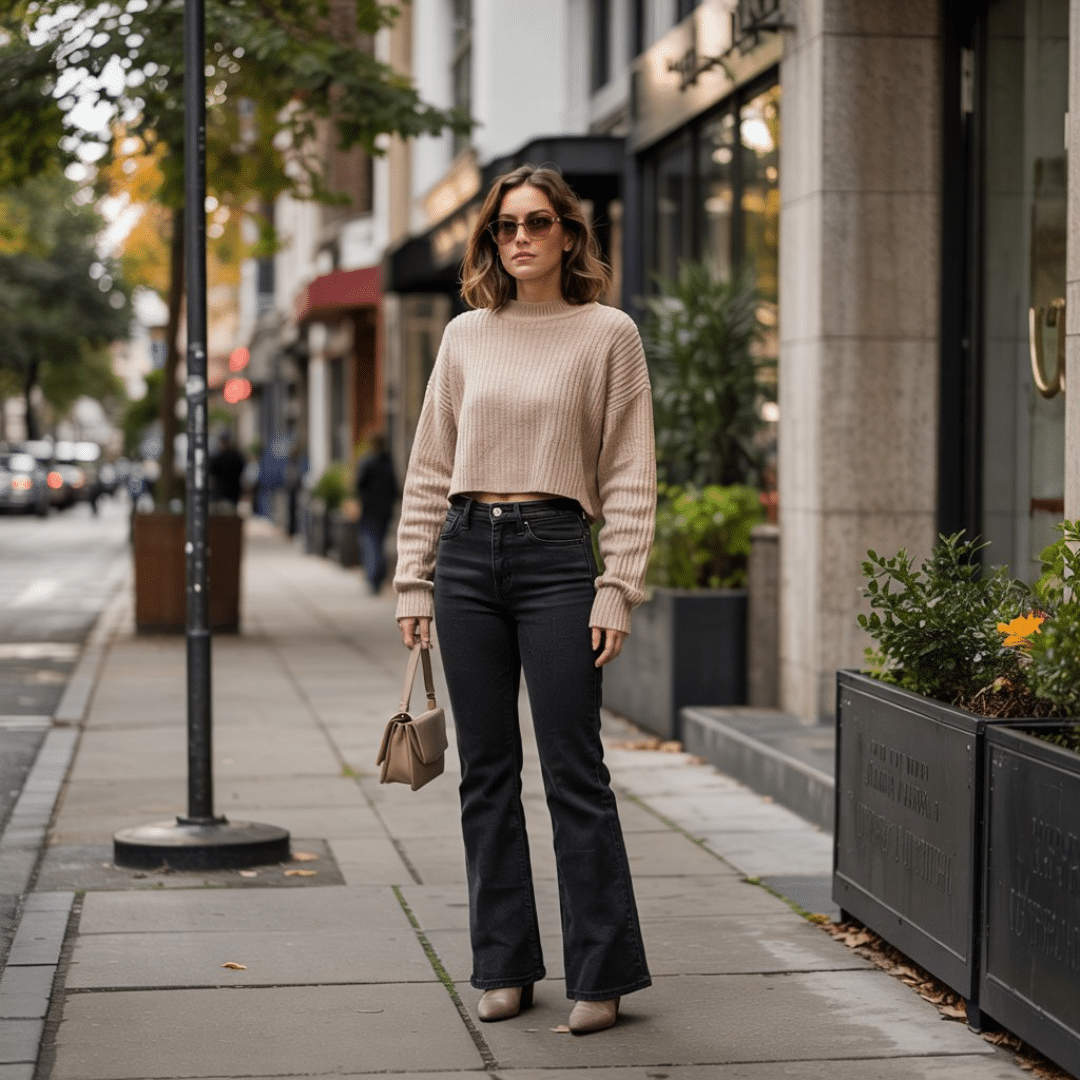 Cropped Sweater + Dark Flared Jeans